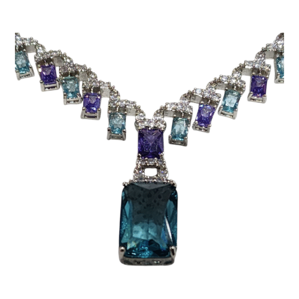 18k White Gold Blue Purple Cubic Zirconia Necklace - Image 3