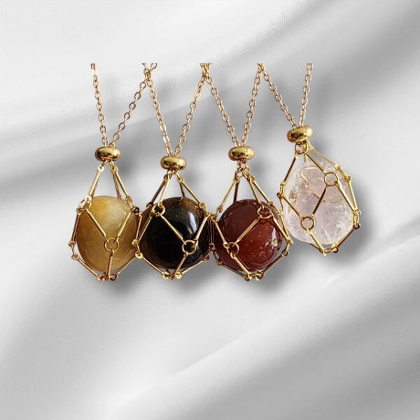 Crystal Cage Pendant Necklace 53cm Chain in Yellow Gold Stainless Steel - Image 5