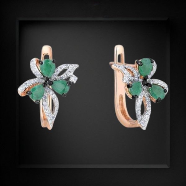 14k Rose Gold Diamond and Emerald Bow Flower Earring