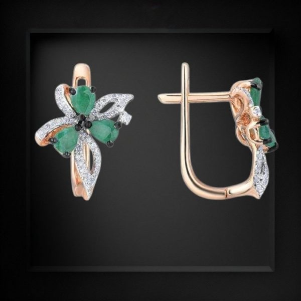 14k Rose Gold Diamond and Emerald Bow Flower Earring - Image 2