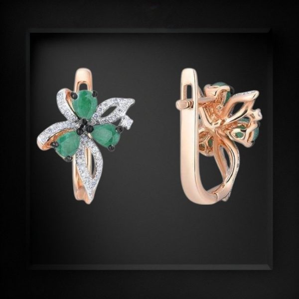 14k Rose Gold Diamond and Emerald Bow Flower Earring - Image 3